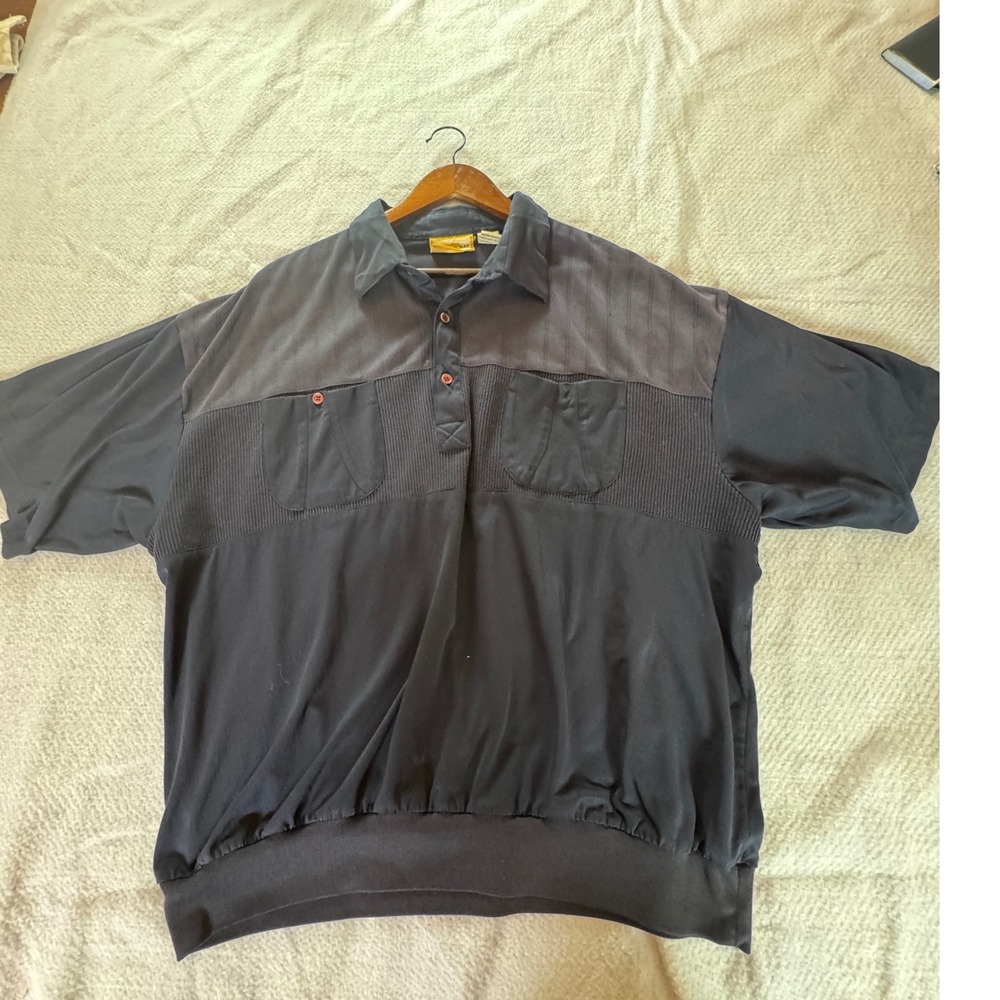 VTG Falcon Bay Mens 2X Big Navy Blue Textured Banded Bottom Polo Shirt Short Slv